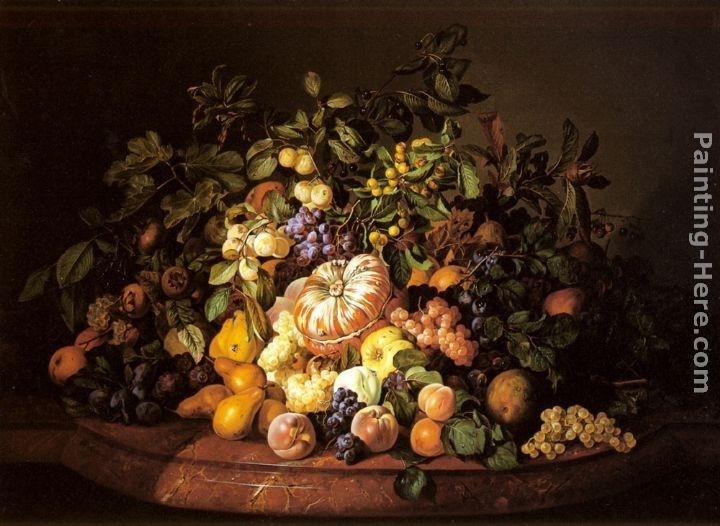 Leopold Zinnogger A Still Life of Fruit on a Marble Ledge